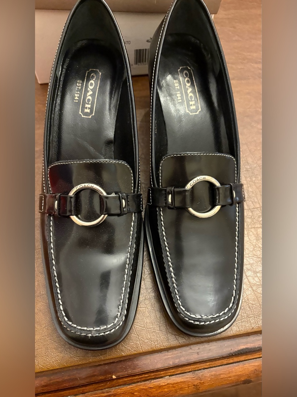 New COACH Black Square Toe Loafer Block Heel w/ Logo Buckle Slip On. Size 7M